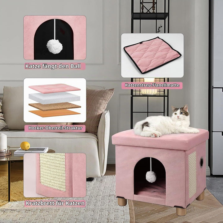 BRIAN &amp; DANY Faltbare Katzenhöhle Grosse Katzen, Katzenhaus mit Kratzbrett und Spielball, Katzen Höh