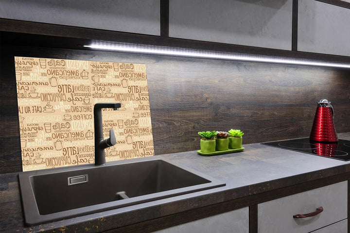 SmartDecoration Herdabdeckplatte Ceranfeldabdeckung aus Glas 60x52 cm Einteilig Motiv "Kaffee" Beige