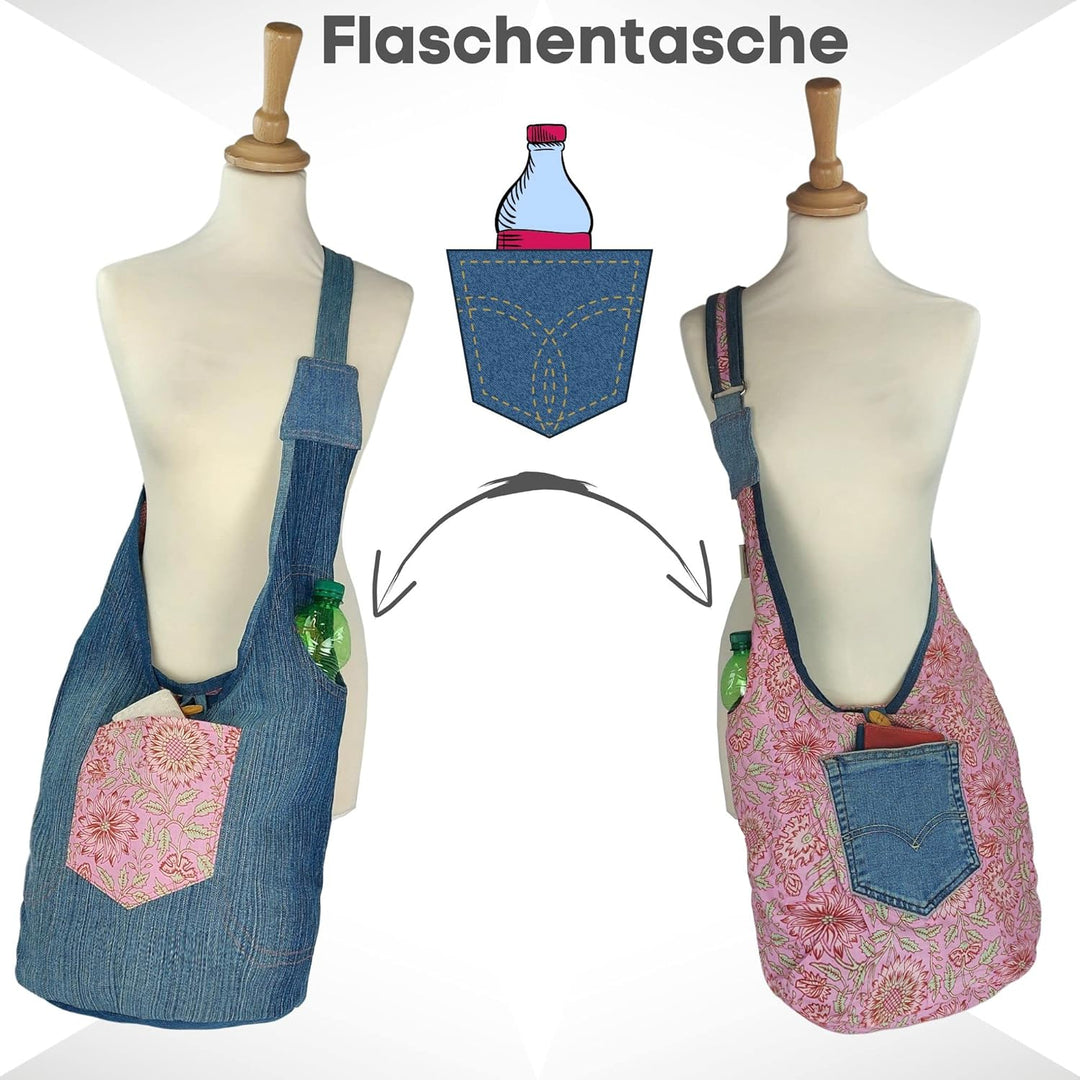 Sunsa Damen nachhaltige Hobo Tasche. Umhängetasche aus recycelte Jeans & Baumwolle. Boho Blumig Cros