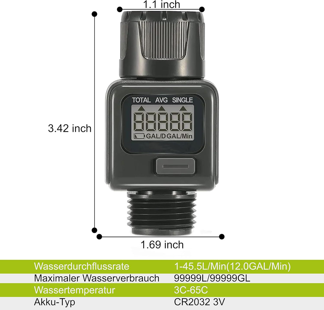 rainfactory Digitaler Wasserzähler, Wassermengenzähler mit LCD Display, Wasseruhr zur Kontrolle des