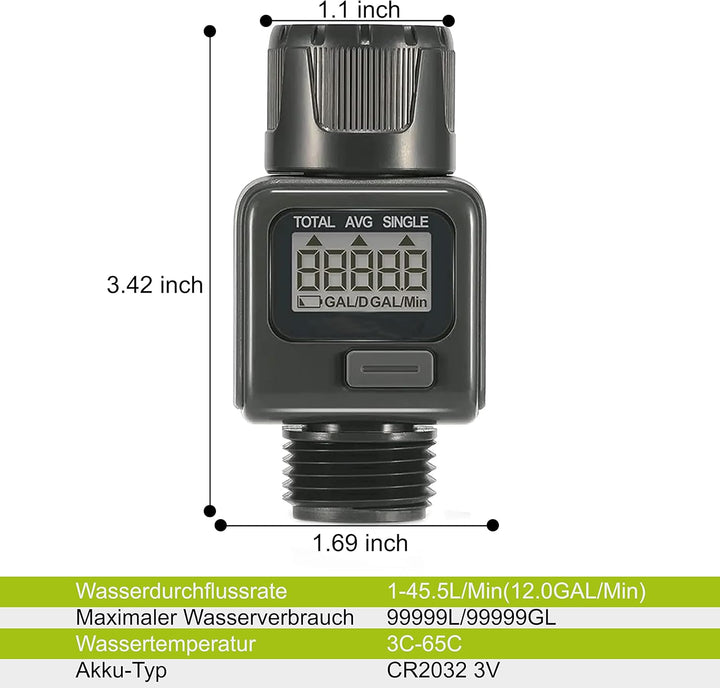 rainfactory Digitaler Wasserzähler, Wassermengenzähler mit LCD Display, Wasseruhr zur Kontrolle des