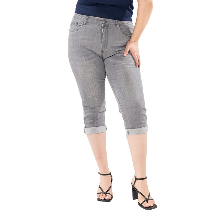 P200 Damen Capri Jeanshosen Grosse Grössen HIGH Waist Jeans Sommer Hose Used-Look, 42 Große Gr&