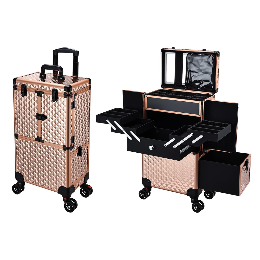 Kosmetik Trolley Friseurkoffer mit Schublade und Spiegel Kosmetikkoffer mit 4 Tabletts Make up Koffe