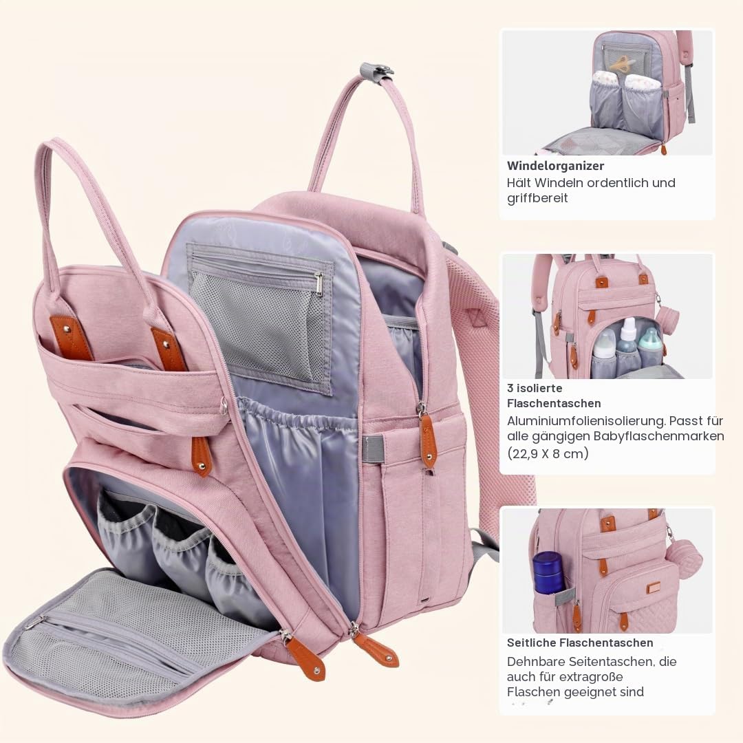 BabbleRoo Wickeltasche Rucksack – Grosse Kapazität, 17 Taschen, Wasserabweisend – mit Wickelauflage,