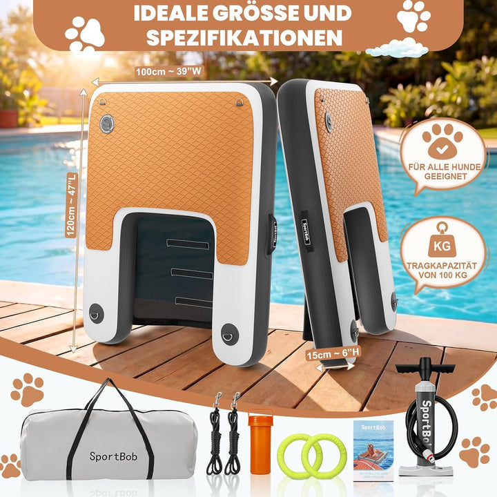 Hunderampe 120 x 100cm, Aufblasbare Schwimmplattform für Hunde, Reissfest und Langlebig, Aufblasbare