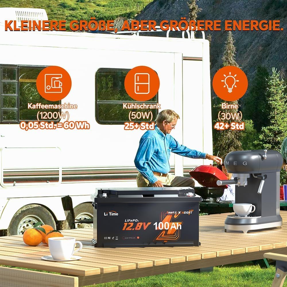 Litime LiFePO4 12V 100Ah H190 Bluetooth Lithium Batterie für Wohnmobil | DIN H8 L5 Grösse, 1792Wh En