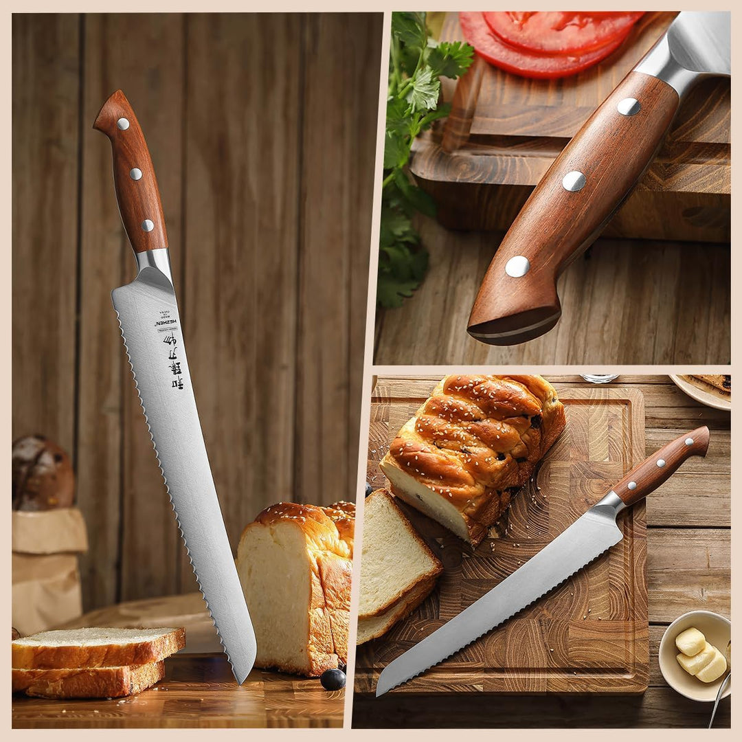 HEZHEN 27cm Gezahntes Brotmesser, Rostfreier Stahl Wellenschlif Kuchenmesser, Gezackte Klinge Sägeme
