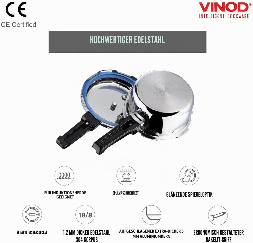 Vinod Pressure Cooker 3 ltr Edelstahl Schnellkochtopf mit Glasdeckel, induktionsgeeignet hochwertige