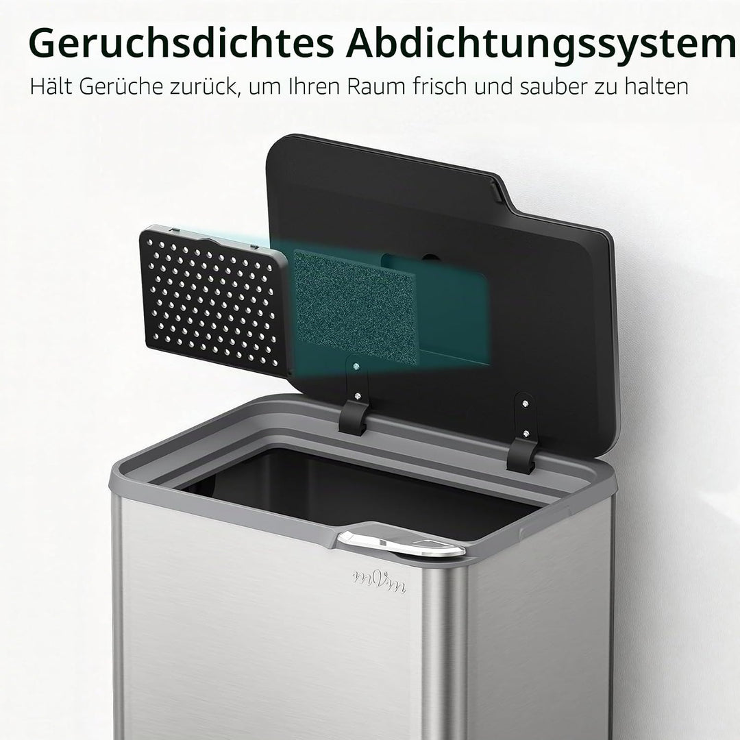mVm Küchen &amp; Büromülleimer 50L, Edelstahl, Rechteckig, Mit Deckel &amp; Geruchsfilter, Sanftschliessend