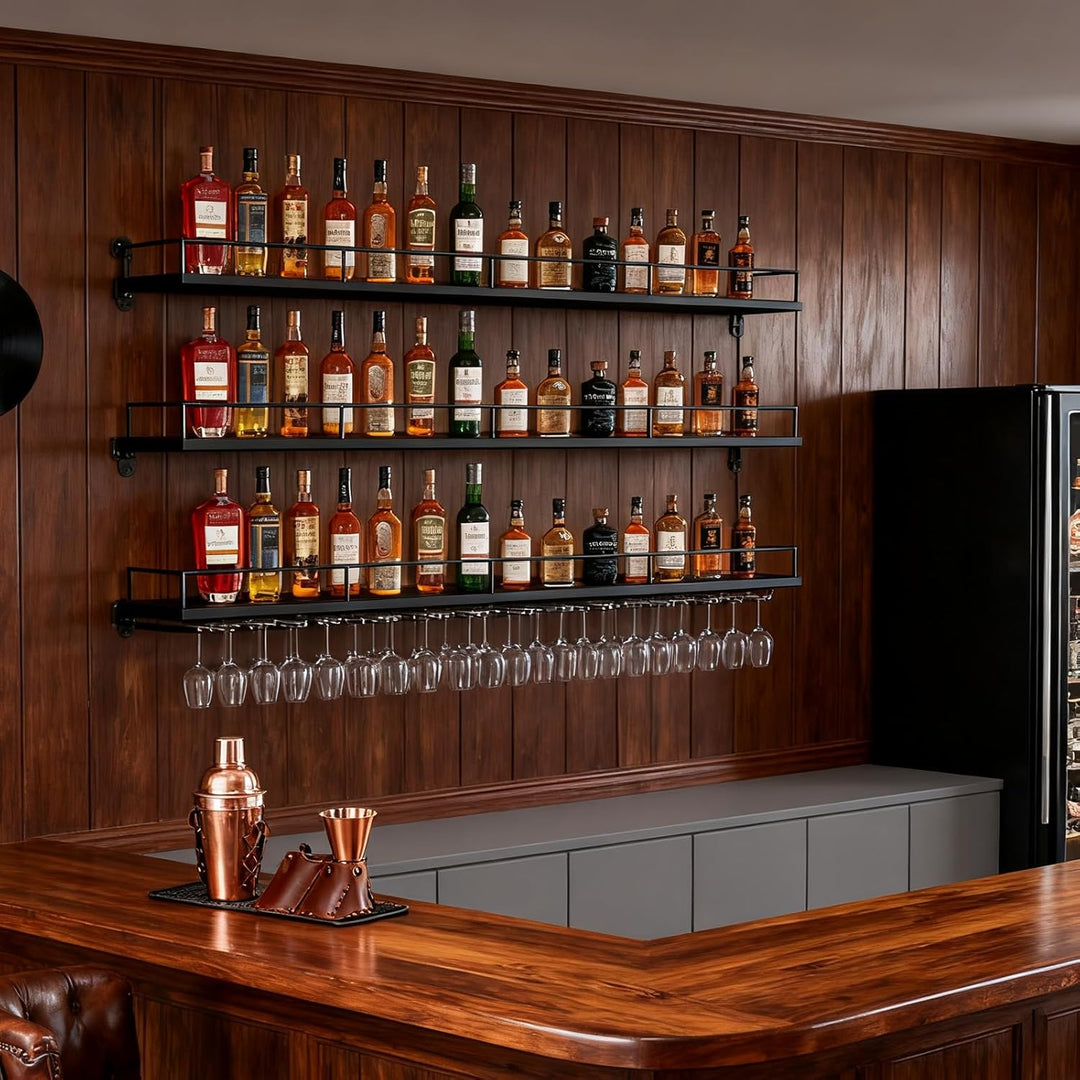 200CM Weinregal Wand mit Glashalter, 3 Ebenen Metallbar Weinpareite Display Rack, Modernes Weinregal
