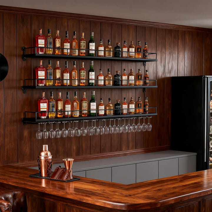200CM Weinregal Wand mit Glashalter, 3 Ebenen Metallbar Weinpareite Display Rack, Modernes Weinregal