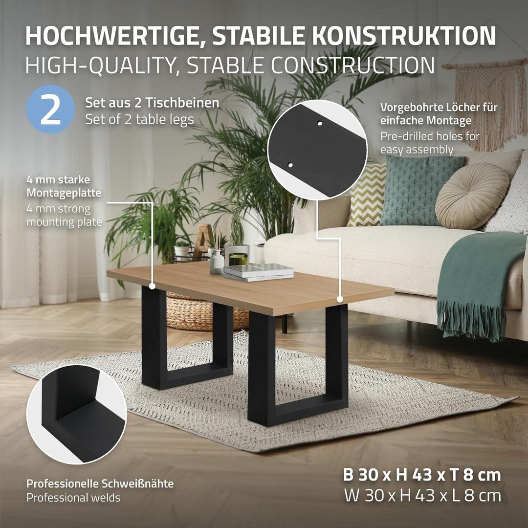 ECD Germany 2er Set Tischbeine 30x43 cm, Schwarz, Stahl pulverbeschichtet, Industriedesign, Vierkant
