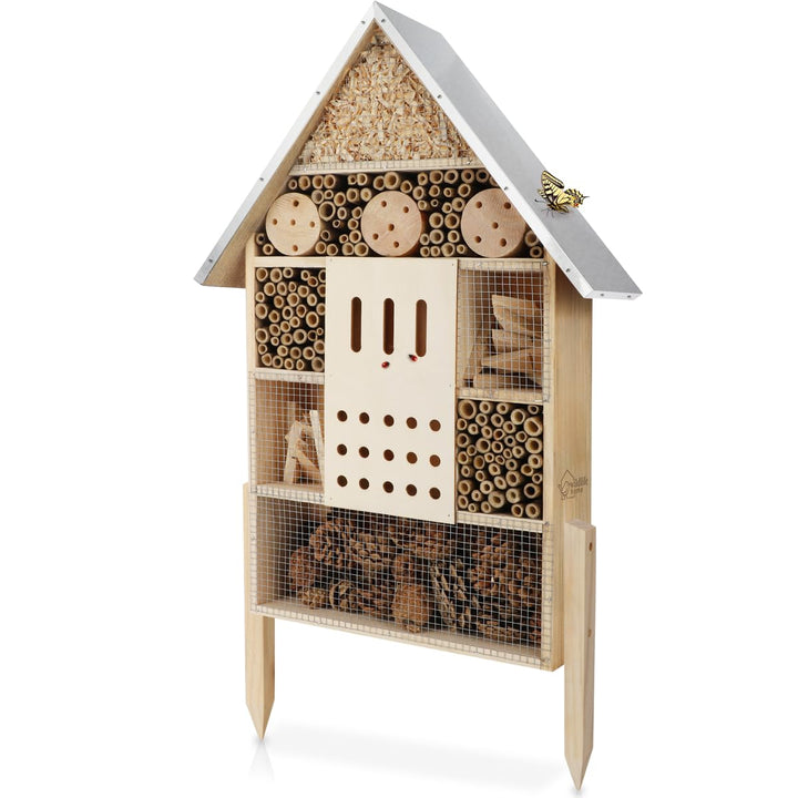 WILDLIFE HOME Insektenhotel XXL Stehend Bienenhotel mit Standfuss 79 cm & Metalldach I Gross Wildbie