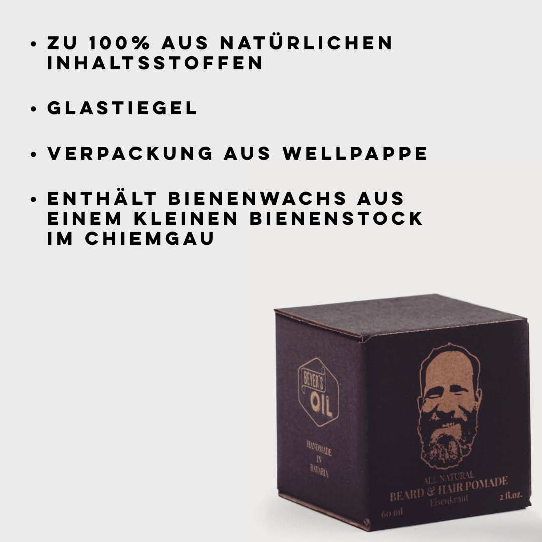 Beyer's Oil Beard & Hair Pomade Eisenkraut 60ml - Bart- und Haarpomade - 100 natürlich - Handgemacht