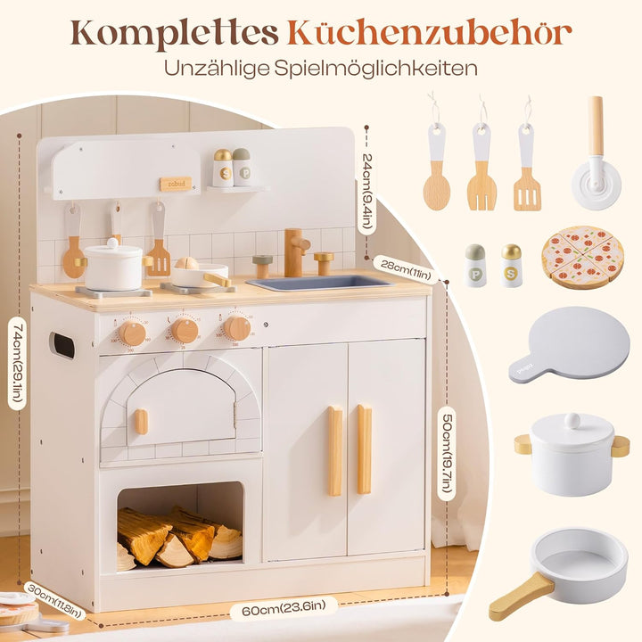 ROBUD Spielküche Holz für Kinder, Pizzaofen Kinderküche mit Kochgeschirr &amp; Pizzaschneider-Zubehör, R