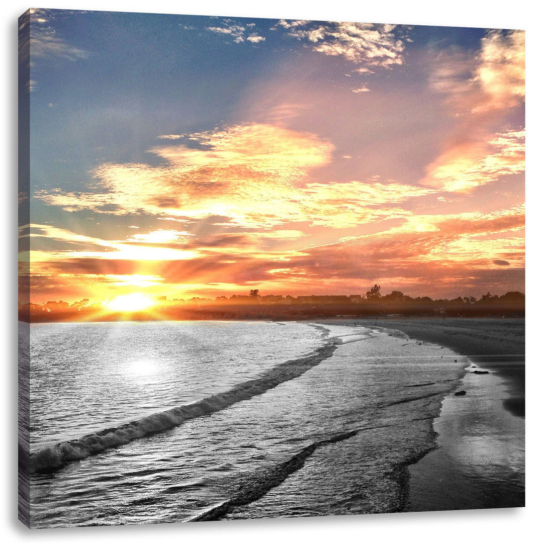 Pixxprint Strand bei romantischem Sonnenuntergang schwarz/weiss, Format: 70x70 auf Leinwand, 70x70