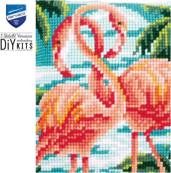 Vervaco Kreuzstichkissen 2 rosa Flamingos Kreuzstichpackung, Stramin, Weiss, 40 x 40 x 0,3 cm