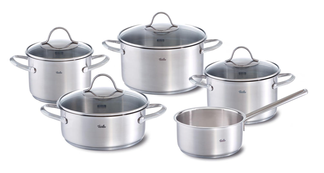 Fissler Palermo / Edelstahl-Topfset 5-teilig, Töpfe inkl. Glasdeckel (3 Kochtöpfe, 1 Bratentopf, 1 S