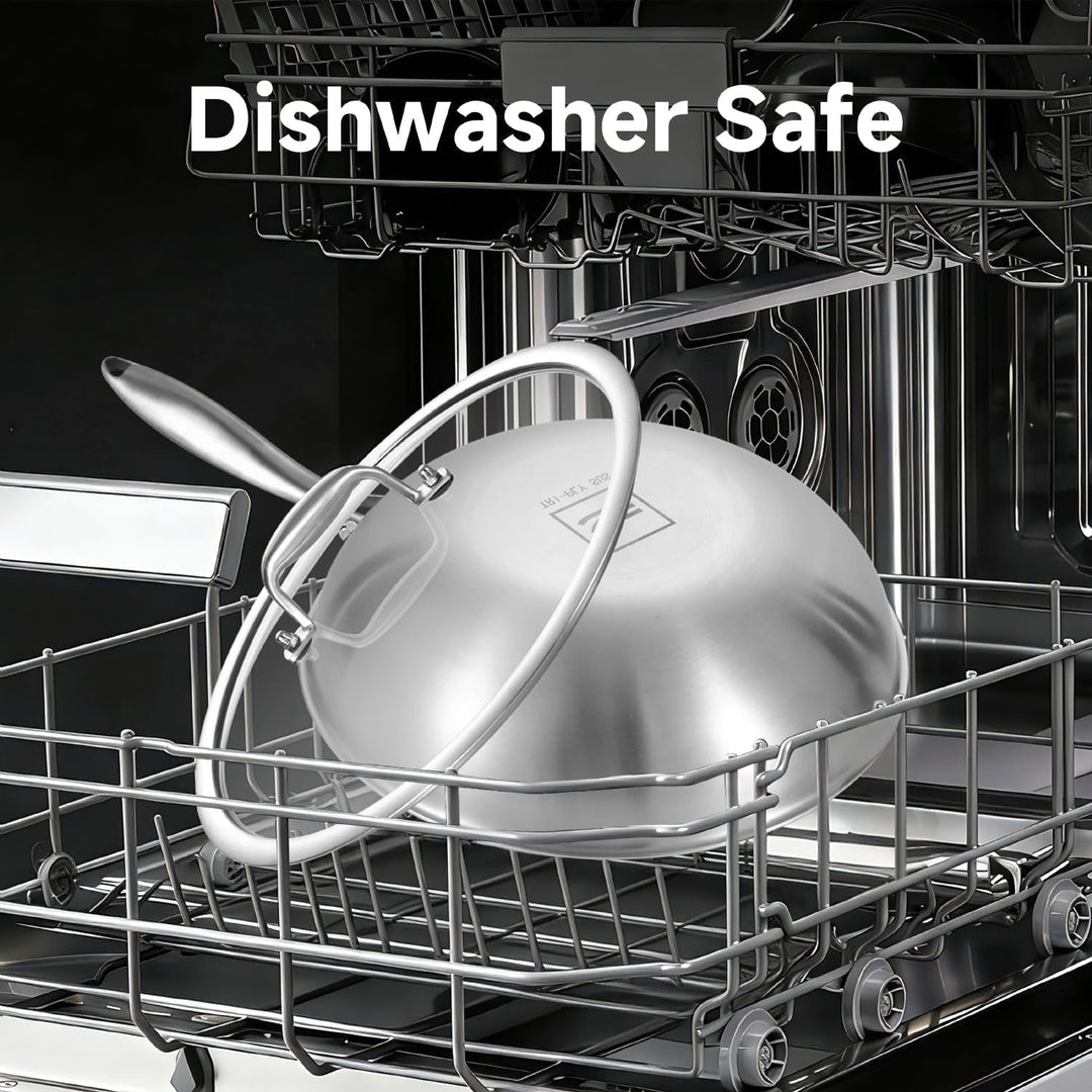 Inqibee Wokpfanne Edelstahl 28 cm mit Deckel, Unbeschichtete Wok Pfanne für Induktion &amp; Gasherd, Ede