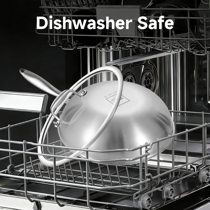 Inqibee Wokpfanne Edelstahl 28 cm mit Deckel, Unbeschichtete Wok Pfanne für Induktion &amp; Gasherd, Ede