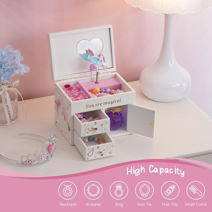 Lolalet Mädchen Schmuckkästchen, Holzschmuck Organizer mit Einhorn, Schmuckkasten für Halskette Ohrr