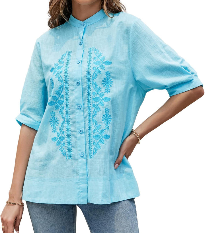 Seasonal Sommer Hippie Tunika Stickerei Damen Blusen Folklore Kurzarm Hemd Freizeit Button-down Ober