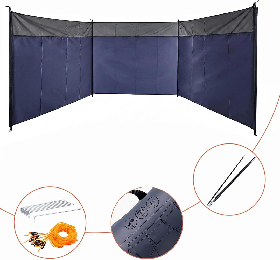 Strand Windschutz blau mit Tragetasche - 500 x 140 cm - Camping Sichtschutz mit Seil und Heringen -