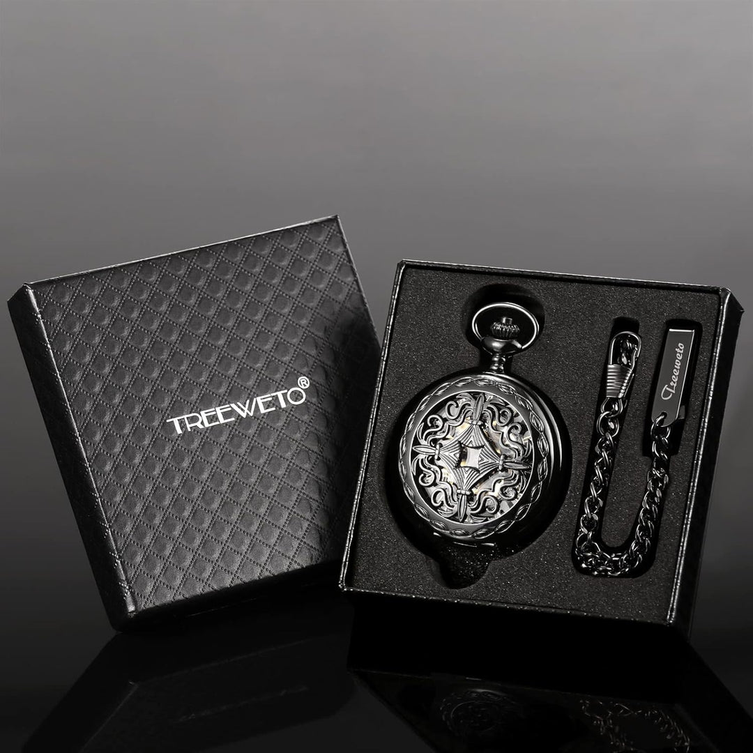 TREEWETO Unisex Taschenuhr mit Kette Analog Handaufzug Antik Kupfer Skelett Schwarz