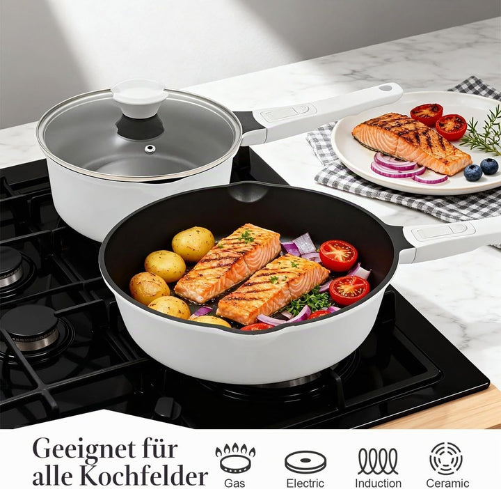 Pfanne 28cm mit Deckel, Aluminium Bratpfanne Hoher Rand mit Abnehmbarer Griff, Schmorpfanne 28 cm fü