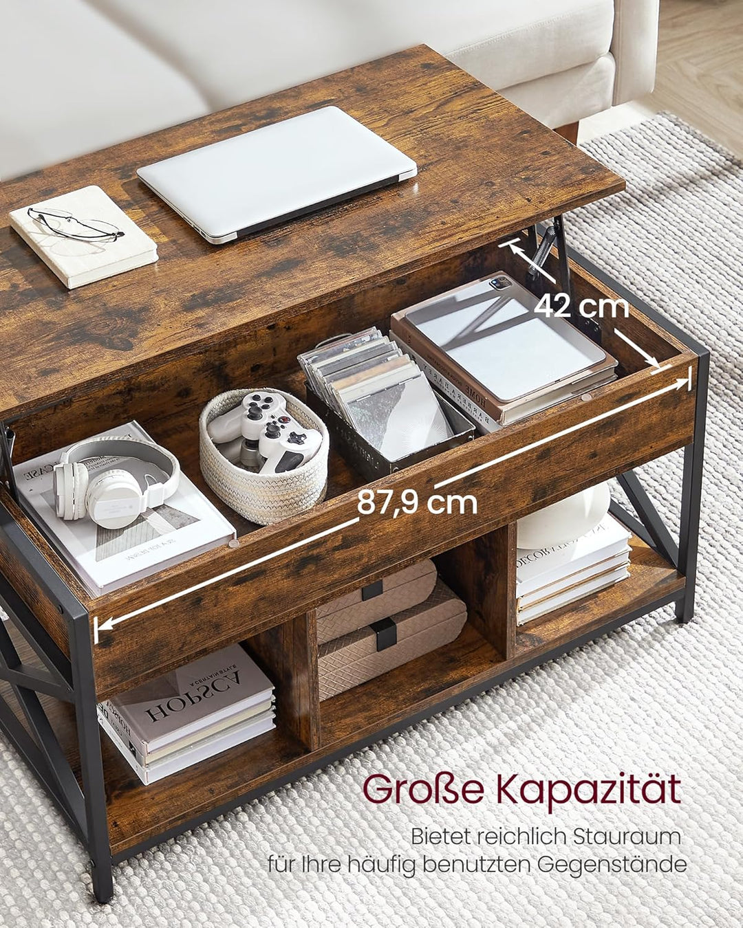 VASAGLE Couchtisch, höhenverstellbarer Wohnzimmertisch, Kaffeetisch, mit verstecktem Stauraum und of