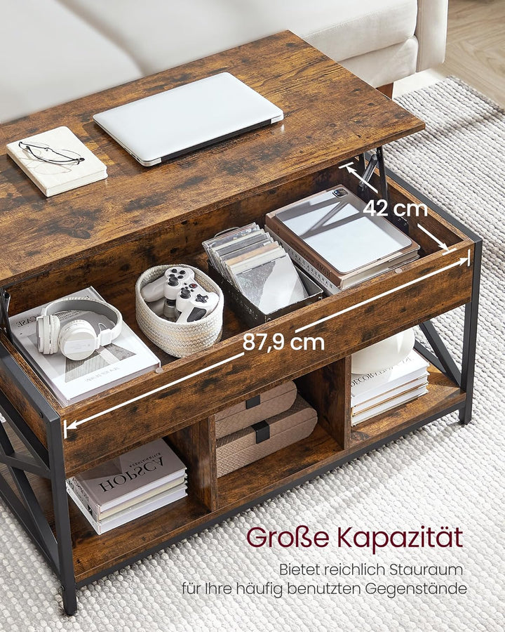 VASAGLE Couchtisch, höhenverstellbarer Wohnzimmertisch, Kaffeetisch, mit verstecktem Stauraum und of
