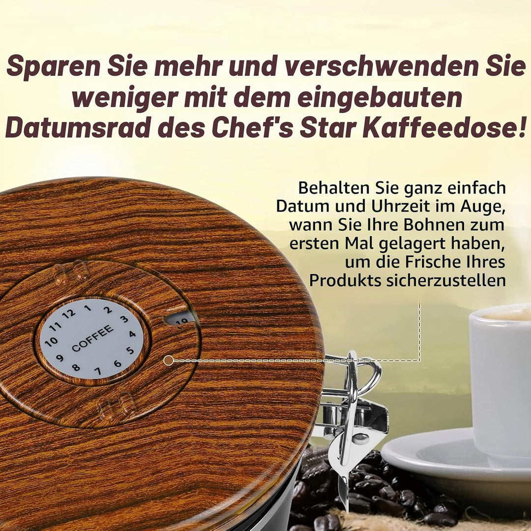 Dreamhigh® Kaffeedose Luftdicht 1kg Bohnen - Kaffeebehälter aus Edelstahl mit Messlöffel, Deckel aus