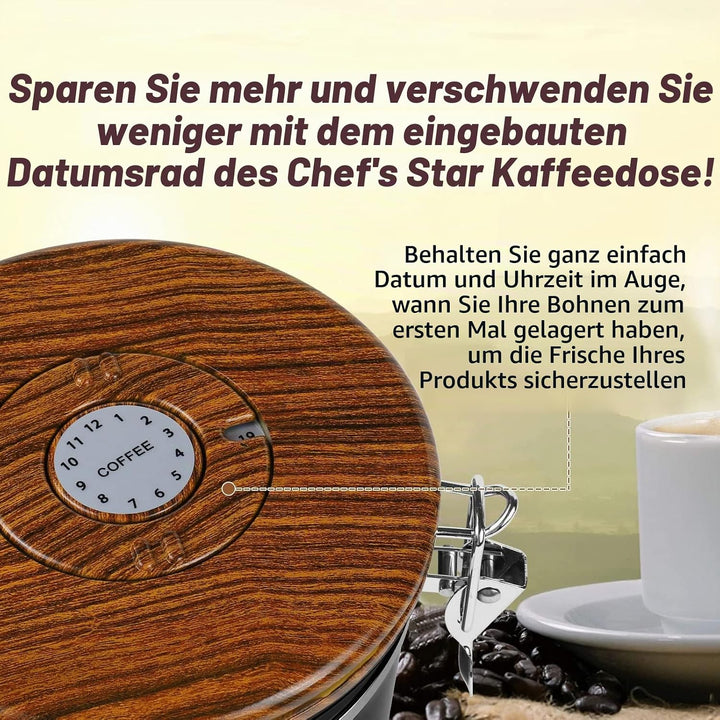 Dreamhigh® Kaffeedose Luftdicht 1kg Bohnen - Kaffeebehälter aus Edelstahl mit Messlöffel, Deckel aus