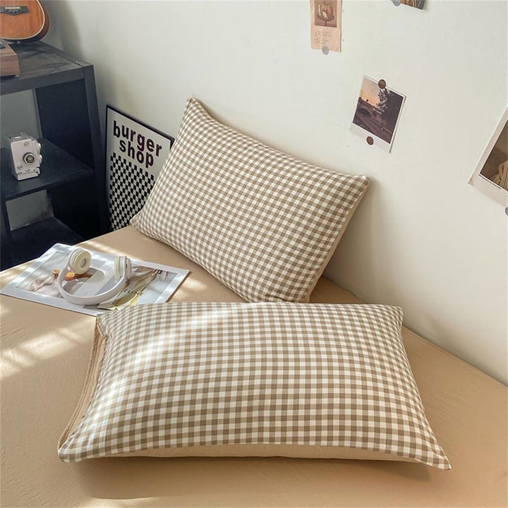 Bettwäsche Kariert 140x200 Beige Karomuster Microfaser Bettwäsche-Sets und Kissenbezug 70x90 cmZerti