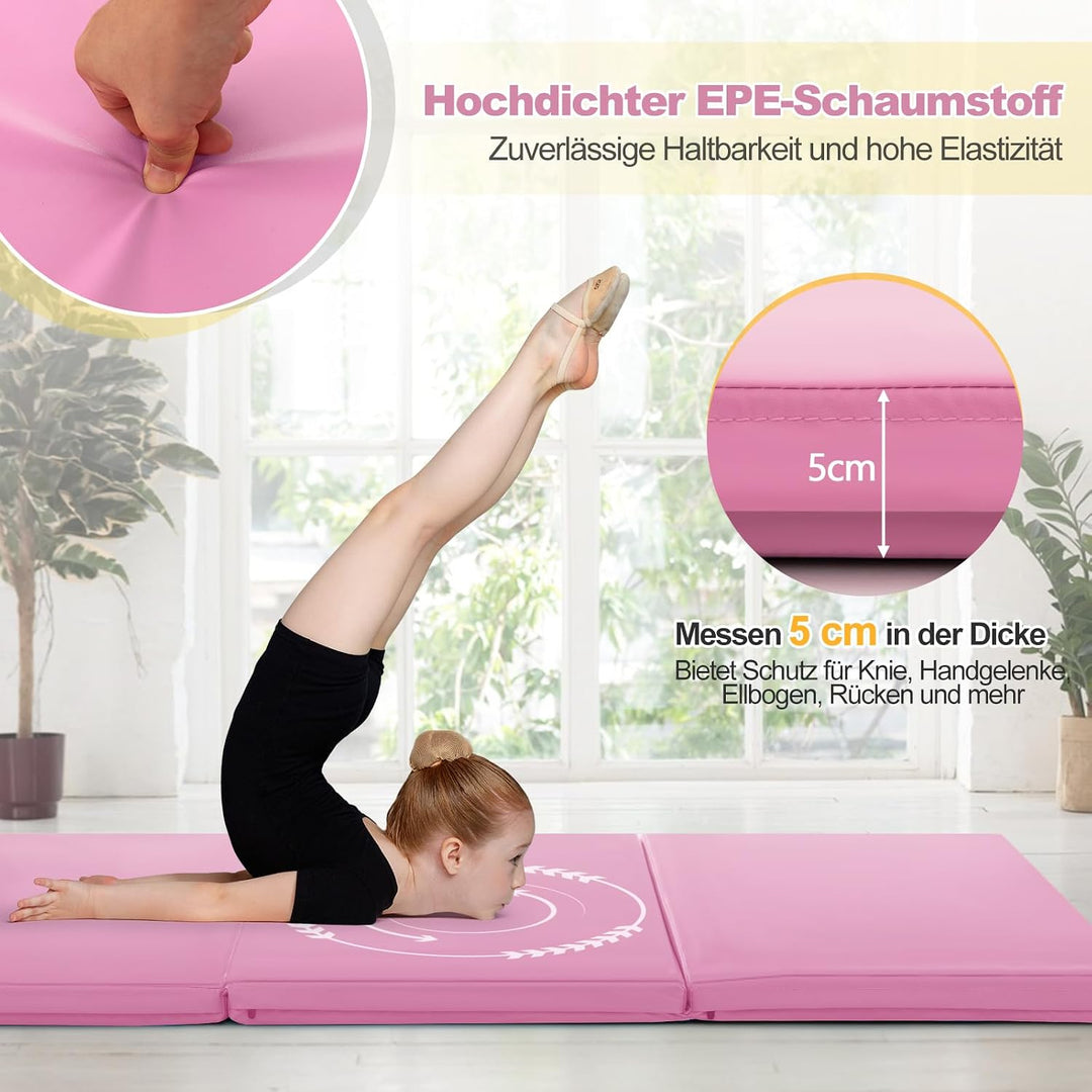 GYMAX 3-fach Trainingsmatte faltbar, tragbare Gymnastikmatte 180 x 60 x 5 cm, Gymnastikmatte mit Kle