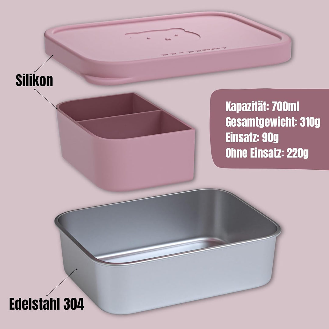 BEARFOOT Edelstahl Brotdose Kinder mit Silikondeckel (Rosa, 700 ml) | BPA-frei, auslaufsicher, Brotz