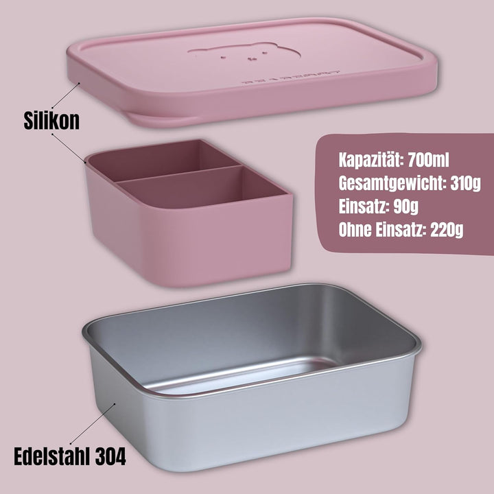 BEARFOOT Edelstahl Brotdose Kinder mit Silikondeckel (Rosa, 700 ml) | BPA-frei, auslaufsicher, Brotz