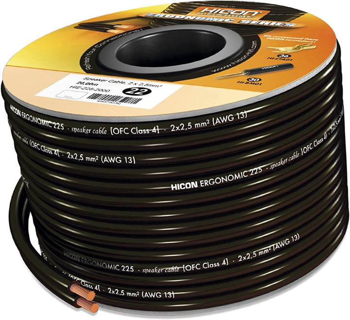 HICON Ergonomic HIE-225-1000 2 x 2,5mm² Lautsprecherkabel OFC Kabelspule schwarz 10m