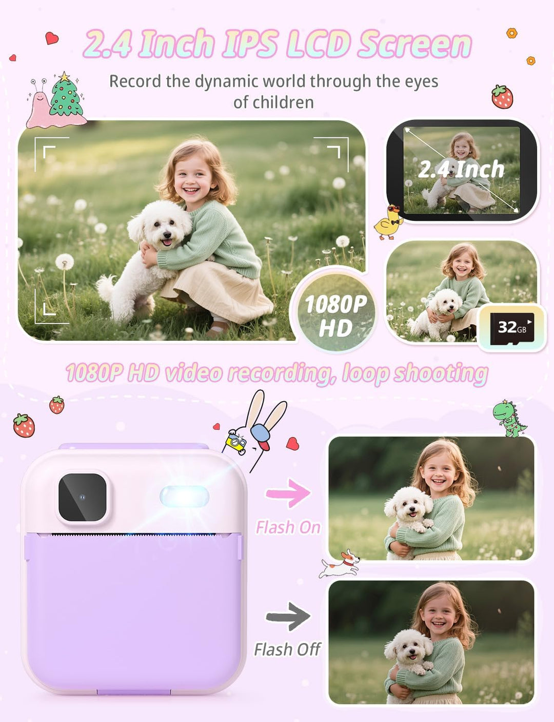 YOHOOLYO Sofortbildkamera Kinder 2,4 Zoll 1080P HD Kinderkamera mit 3 Rollen Druckpapier 32GB Karte