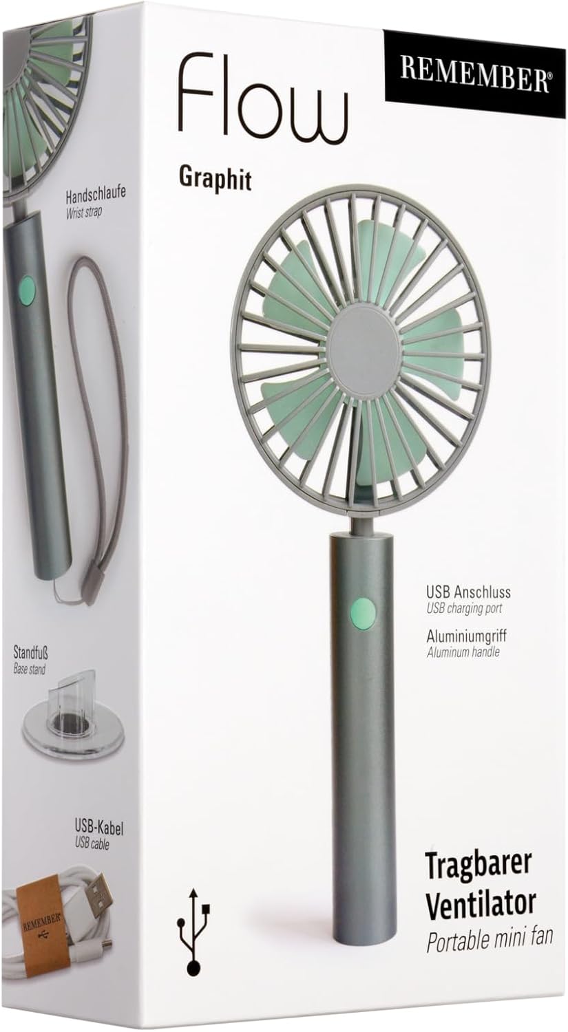 Remember Leiser Mini USB Ventilator – Handventilator mit 3 Geschwindigkeiten, inkl. Standfuss & Hand