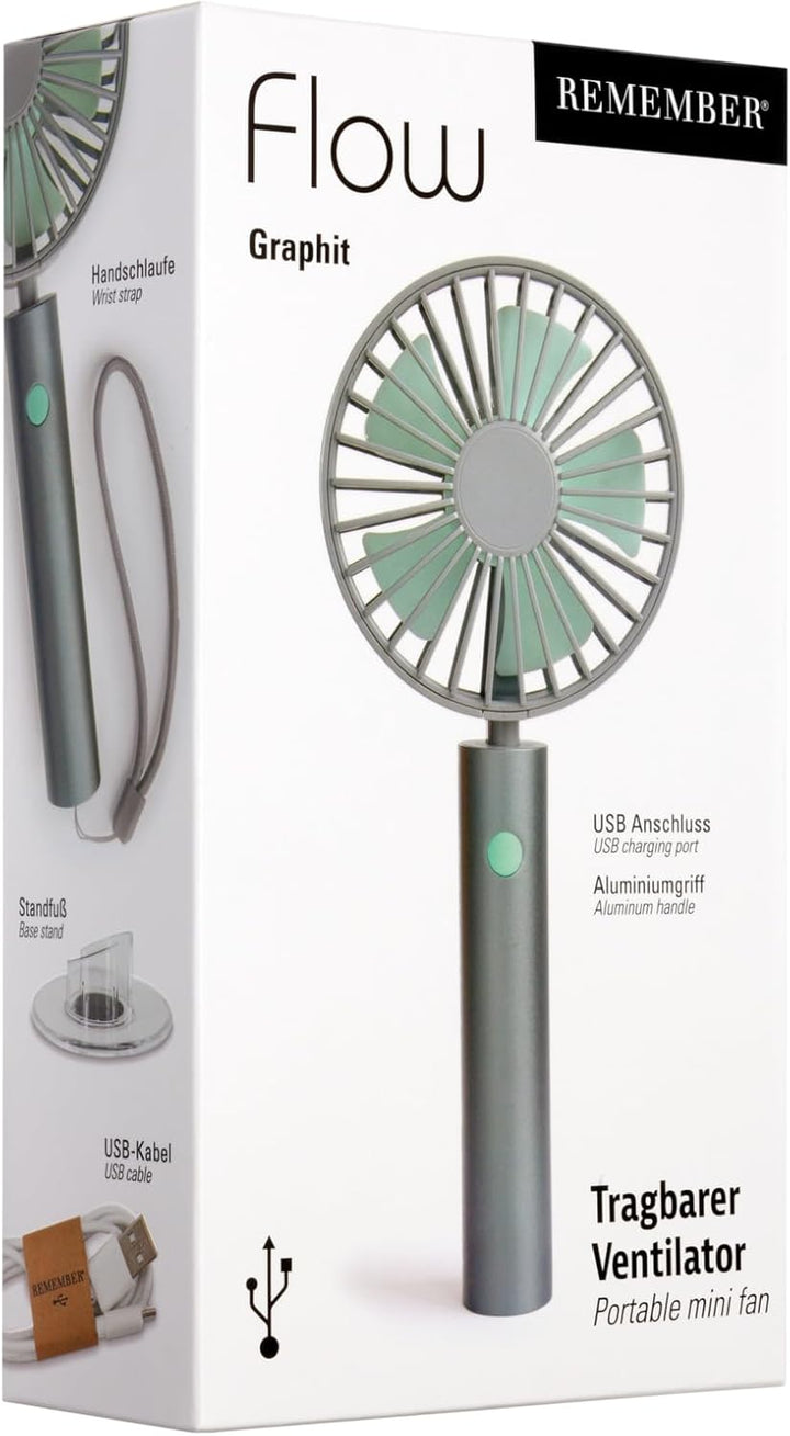 Remember Leiser Mini USB Ventilator – Handventilator mit 3 Geschwindigkeiten, inkl. Standfuss & Hand