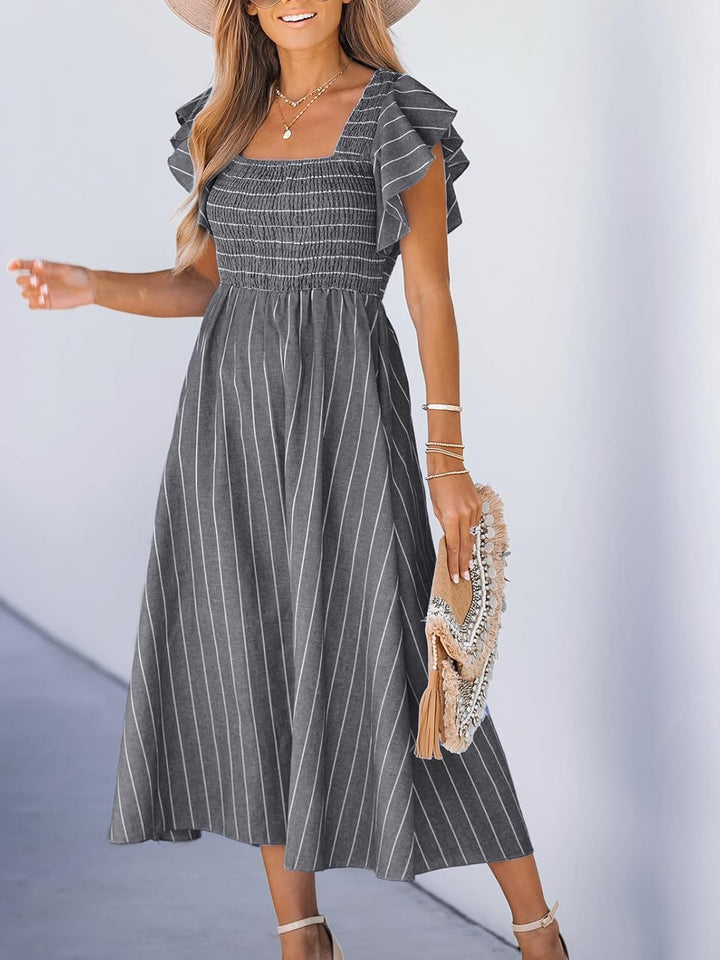 CUPSHE Damen Sommerkleid Quadratischer Ausschnitt Volantärmel Nadelstreifen A Linie Gesmoktes Maxikl