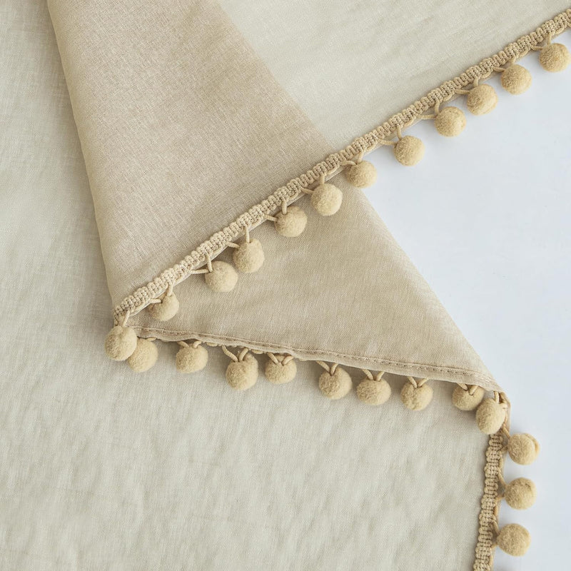 MIULEE Gardinen mit Pompons-Hübsche Beige Transparent Gardinen für Kinderzimmer Mädchen, 2 Stücke Vo
