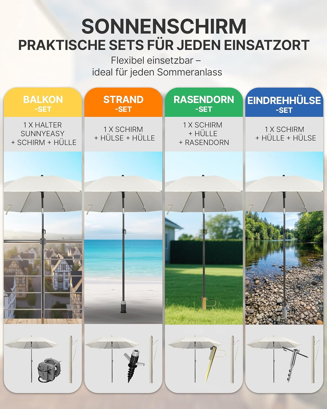 4smile Sonnenschirm Balkon Ø 160 cm SunnyJoy, Beige - UPF 50+ Strandschirm, sicherer Sonnenschirm St