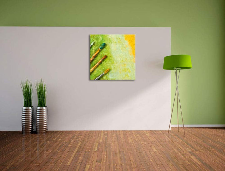 Pinsel mit gemalten Bild, Format: 70x70 auf Leinwand, XXL riesige Bilder fertig gerahmt mit Keilrahm
