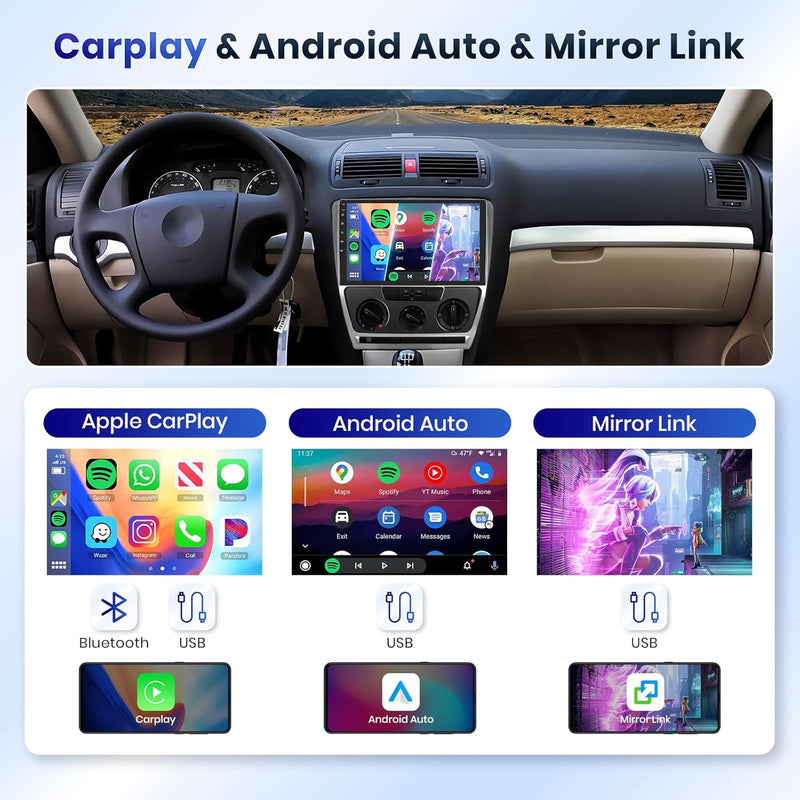 Podofo Carplay Autoradio für Skoda Octavia 2007-2013, 10.1" Touchscreen Autoradio 2G+64G mit Wireles