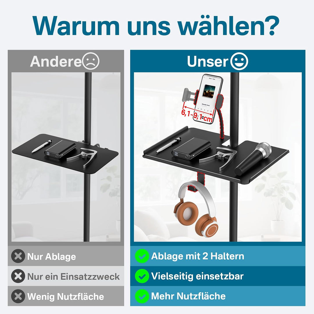 Metall Mikrofonständer Ablage mit Handyhalter – 11,7" x 7,8" Funktionsgrosse Mikrofonständer Tablett