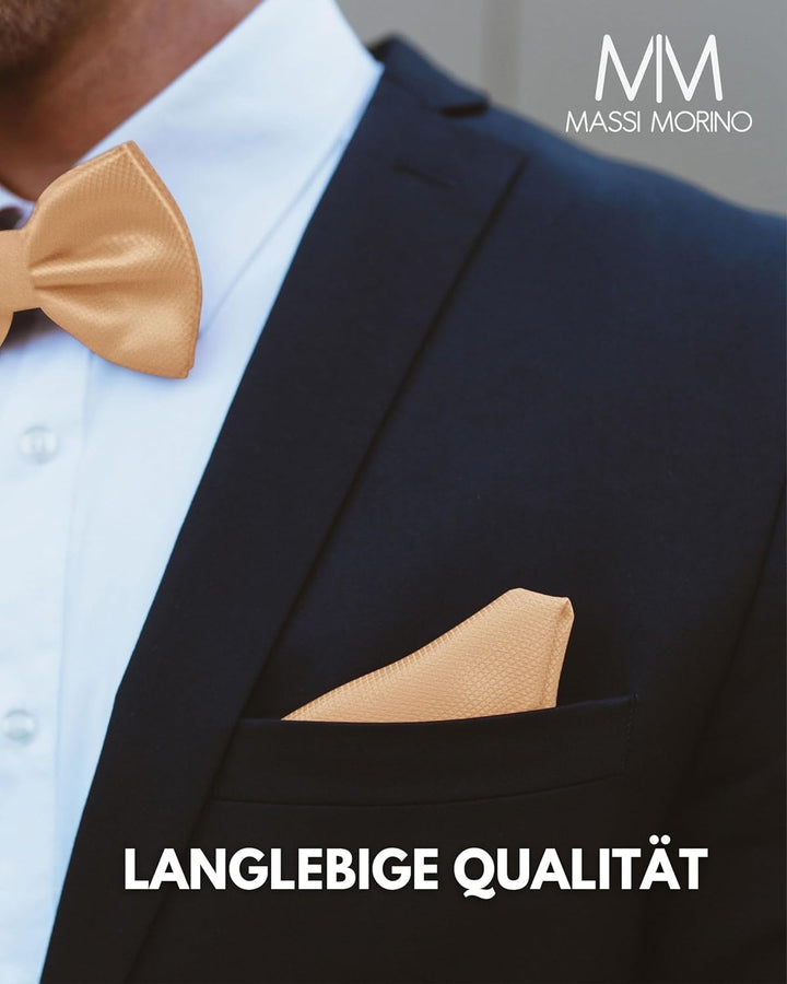 Massi Morino Fliege mit Einstecktuch für Herren Set - Anzug Herrenfliege zur Hochzeit - Verstellbare
