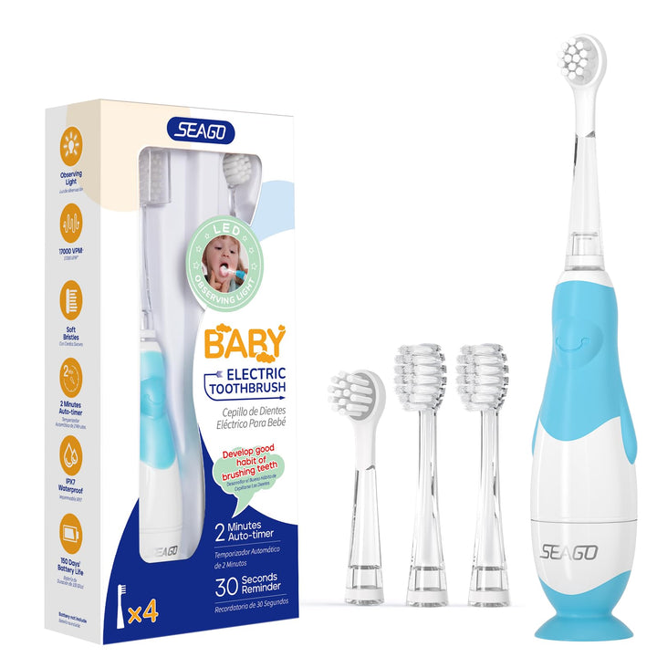 Seago Elektrische Zahnbürste Kinder Baby Zahnbürste ab 0 1 2 3 Jahr, mit LED Licht, Runder Weich Ers