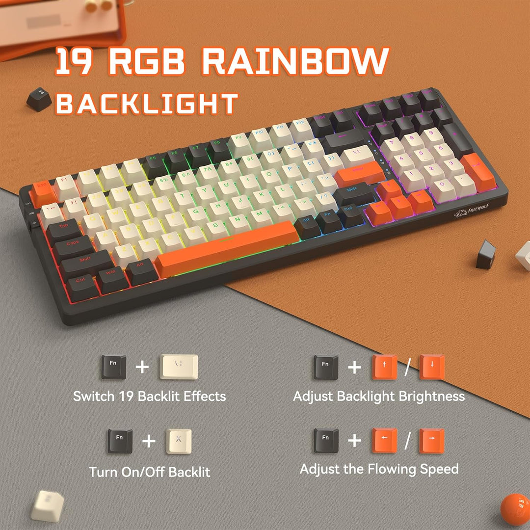 MAMBASNAKE K8 Bunte mechanische 3-Modu Tastatur, 2.4G kabellose Bluetooth Gaming Tastatur mit Spiral